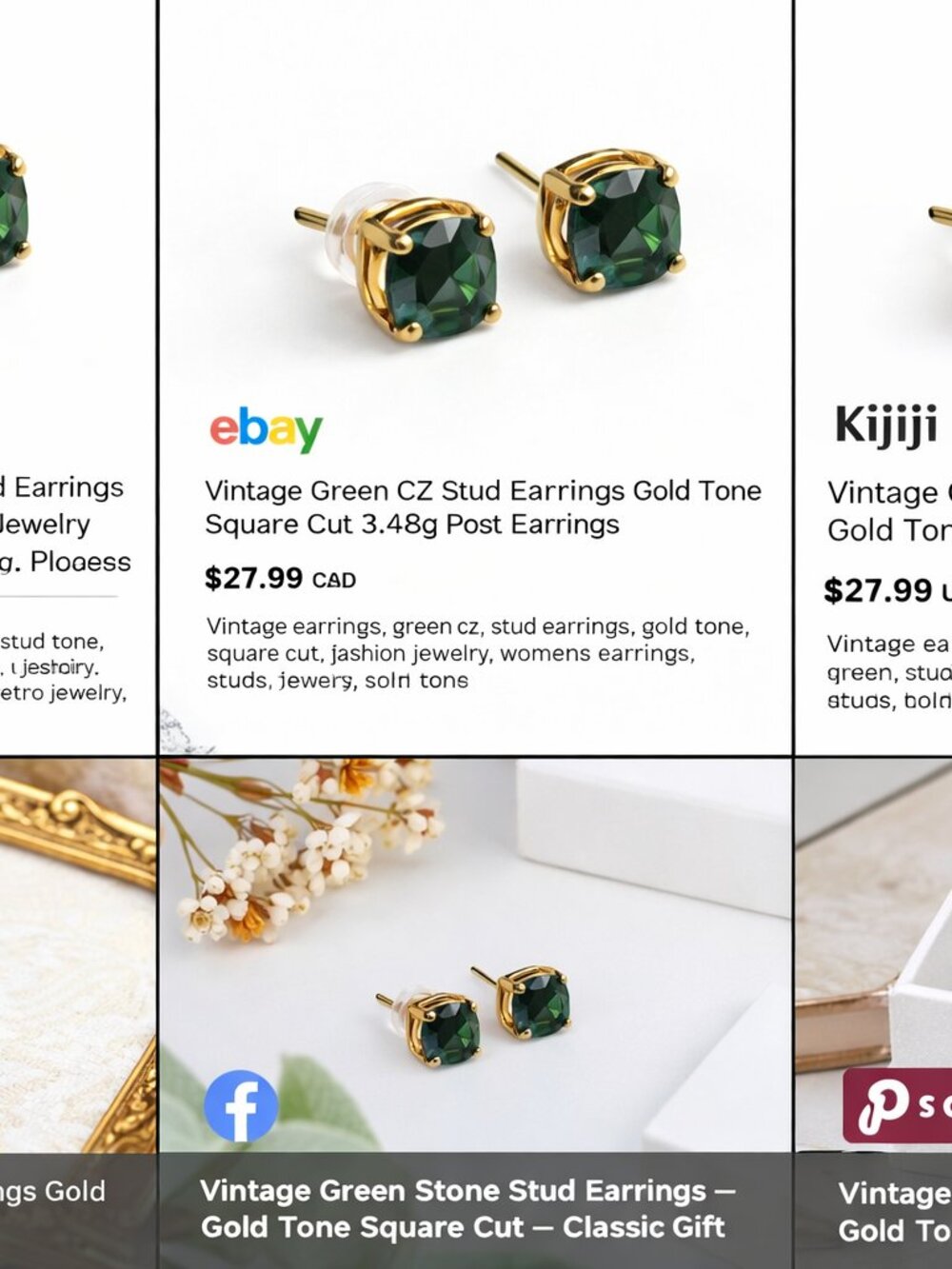 SE-52-Vintage Green CZ Stud Earrings Gold Tone Minimal Classic Everyday Jewelry - Picture 7 of 7